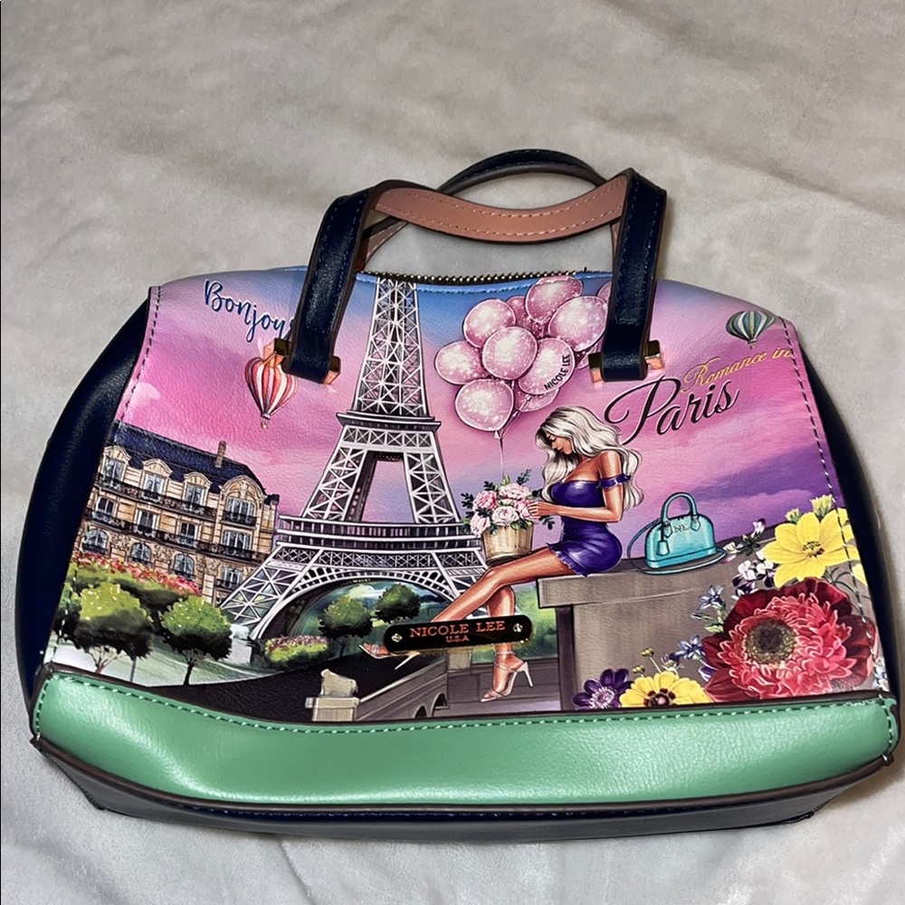Nicole Lee Pink and Green Satchel with Parisian Flair